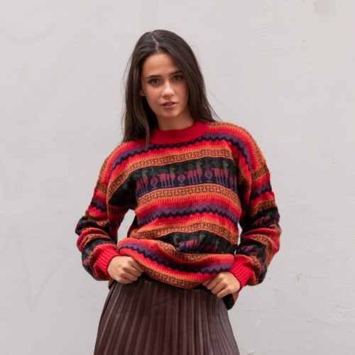Pomarańczowy sweter z wełną z alpaki z Peru. Sweter unisex. Unikalne wzory, inspirowane peruwiańską kulturą, oraz komfortowy krój. Sweter dla niej i dla niego. Prawdziwa alpaka.