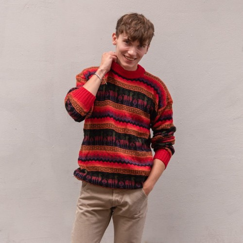 Pomarańczowy męski sweter z wełną z alpaki z Peru. Sweter unisex. Unikalne wzory, inspirowane peruwiańską kulturą, oraz komfortowy krój. Sweter dla niej i dla niego. Prawdziwa alpaka. Męski sweter Etno.