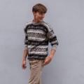 Szaro beżowy pomarańczowy męski sweter z wełną z alpaki z Peru. Sweter unisex. Unikalne wzory, inspirowane peruwiańską kulturą, oraz komfortowy krój. Sweter dla niej i dla niego. Prawdziwa alpaka. Męski sweter Etno.