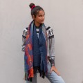 Miękki szal z Peru z domieszką z wełny alpaki. Niebieski szal damski Machu Picchu z Peru. Piękny szal z domieszką wełny z alpaki. Szal męski niebieski kolorowy na zimę.
