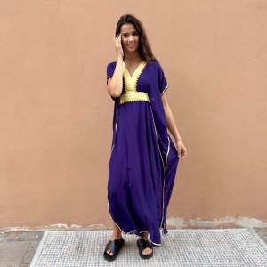 Marokańska Sukienka "Zahara" z 100% Bawełny – Fioletowa ze złotem - Kaftan