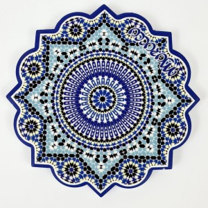 Marokańska ceramiczna podstawka pod kubek – niebieska mandala gwiazda | podkładka pod filiżankę, styl arabskiej mozaiki, 11 cm